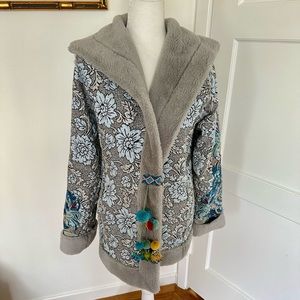 NWT Johnny Was Embroidered faux fur jacket M